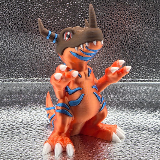 Orange and brown toy figure with blue accents on a reflective surface